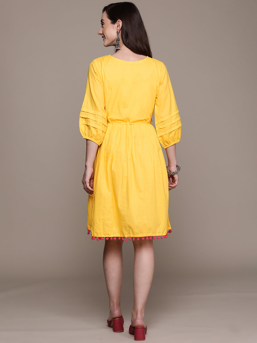 Ishin Women's Yellow Embroidered A-Line Dress