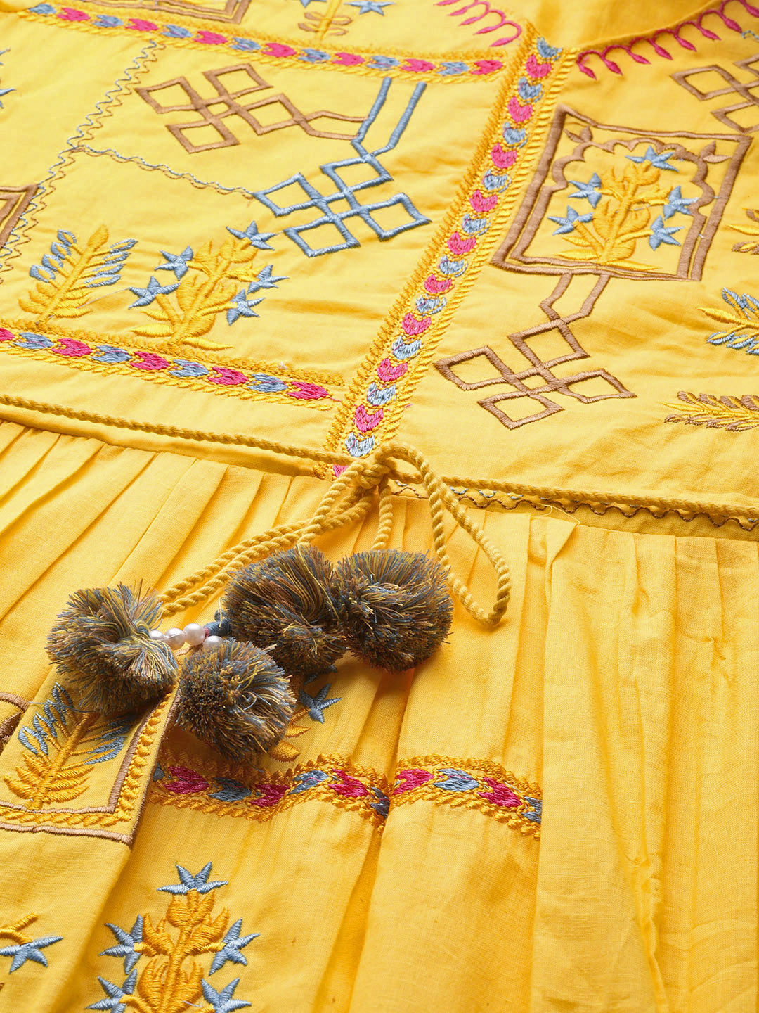 Ishin Women's Yellow Embroidered A-Line Dress