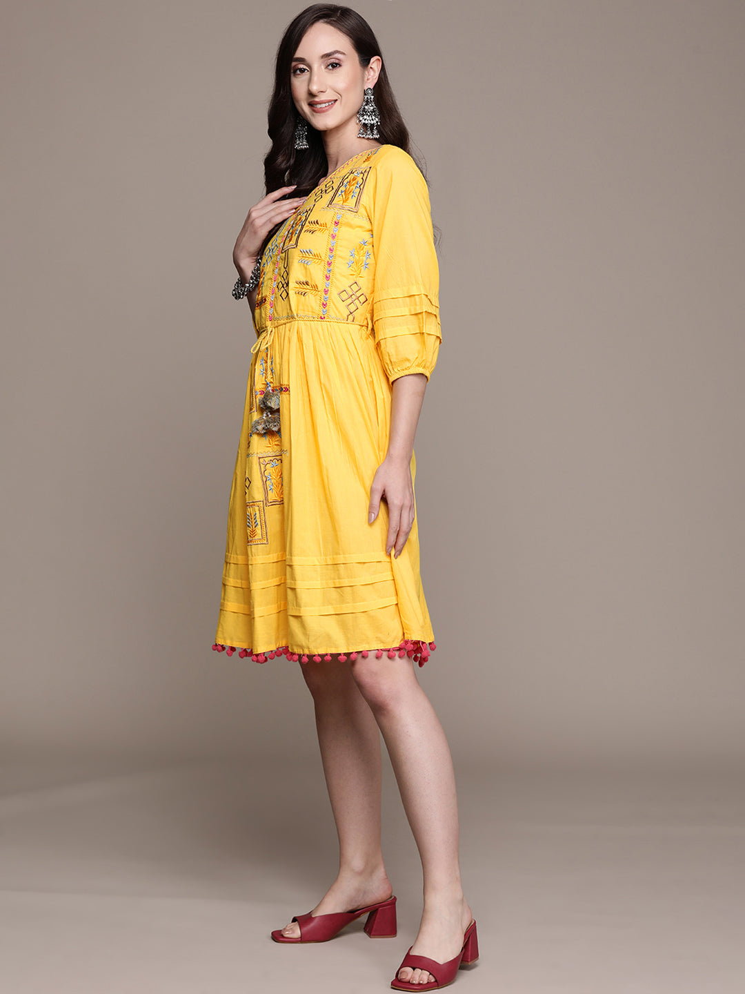Ishin Women's Yellow Embroidered A-Line Dress
