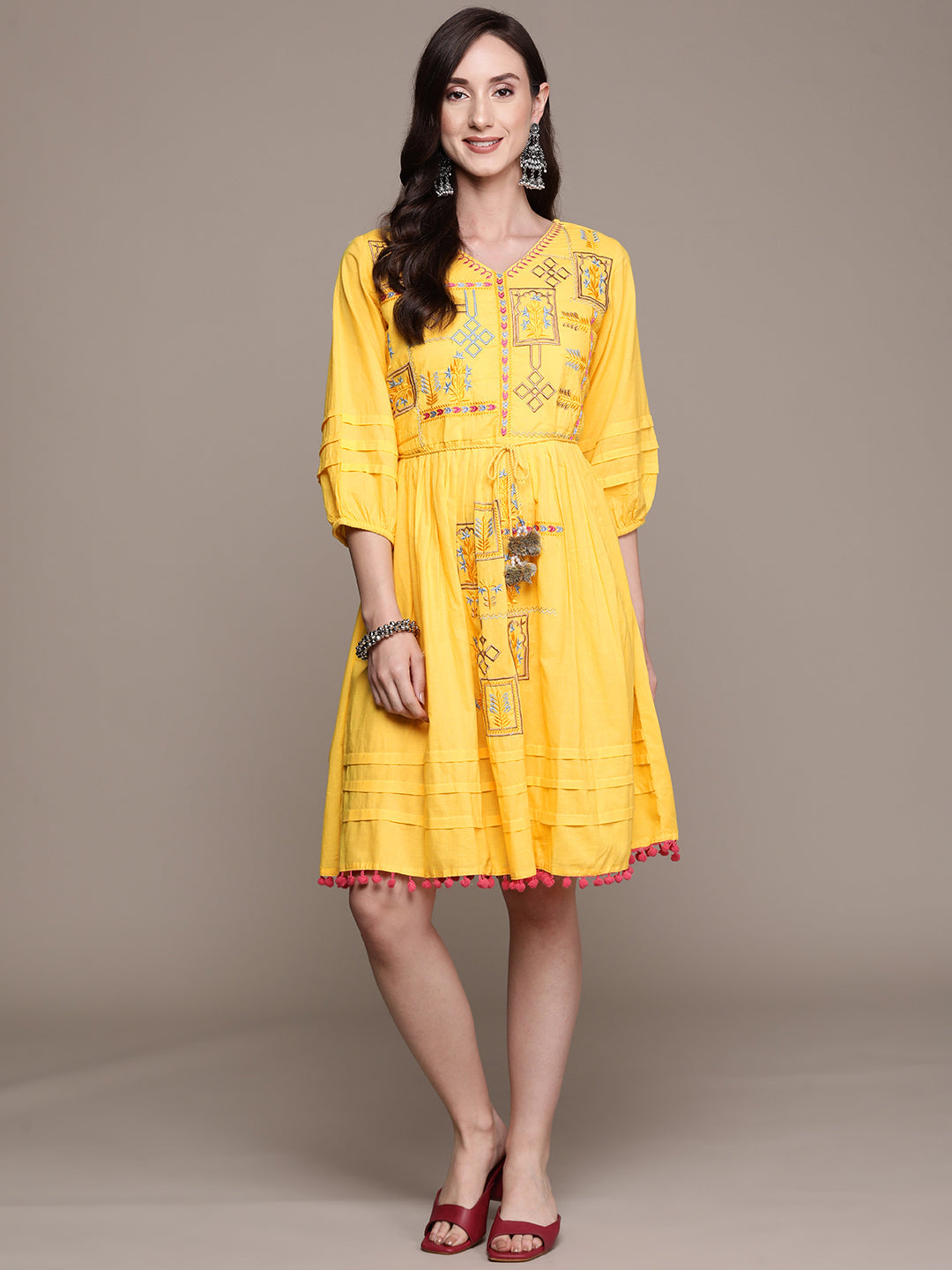 Ishin Women's Yellow Embroidered A-Line Dress