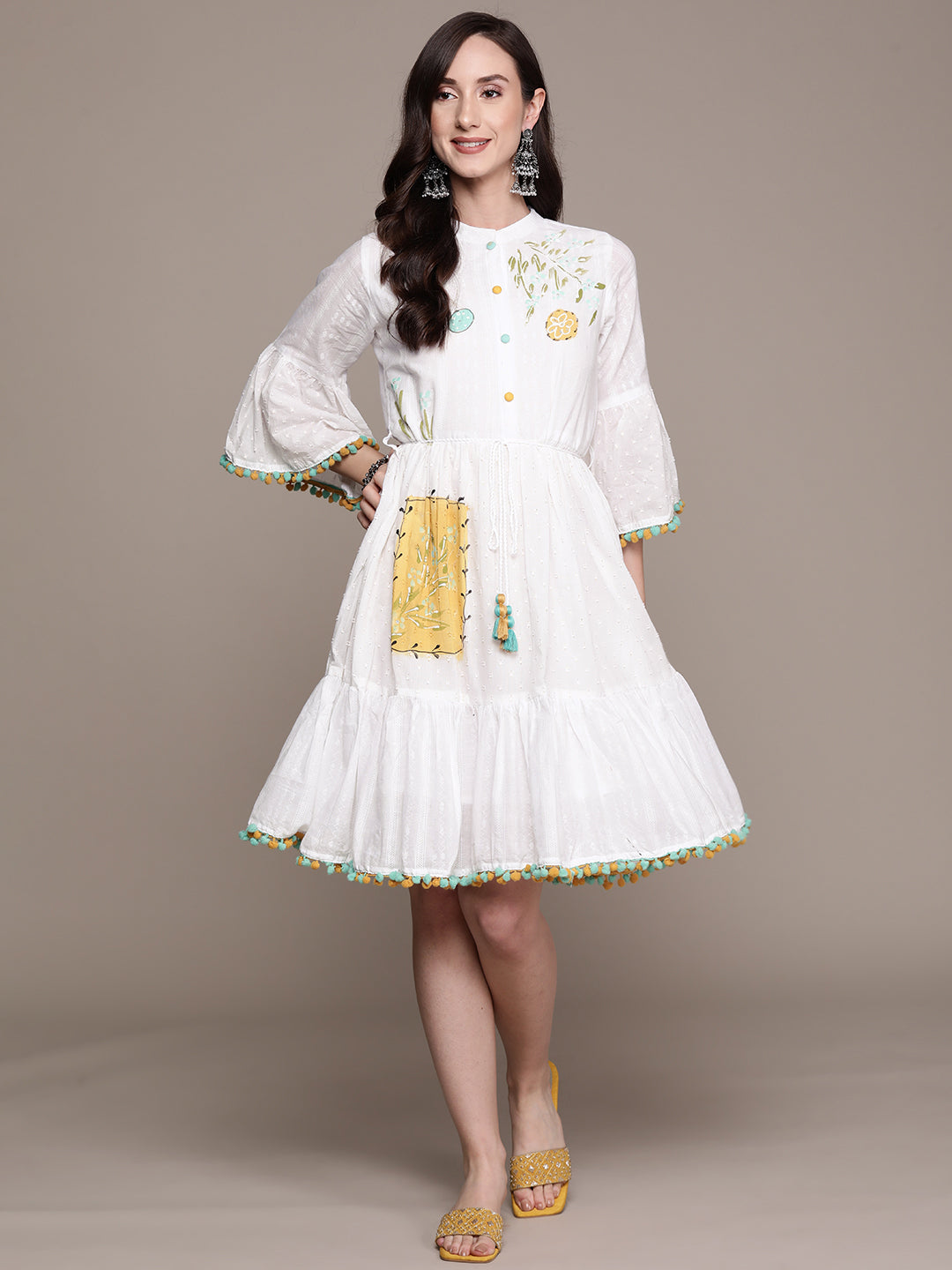 Ishin Women's White Lurex A-Line Dress