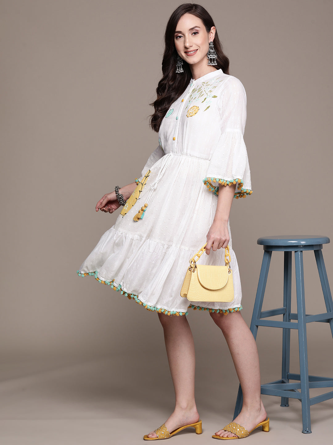 Ishin Women's White Lurex A-Line Dress