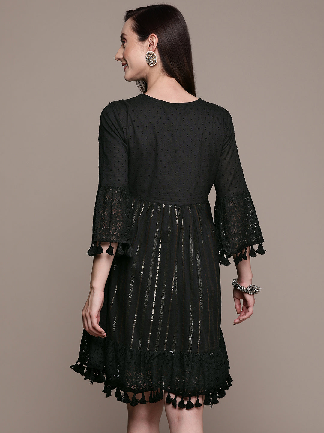 Ishin Women's Black Lurex Embellished A-Line Dress