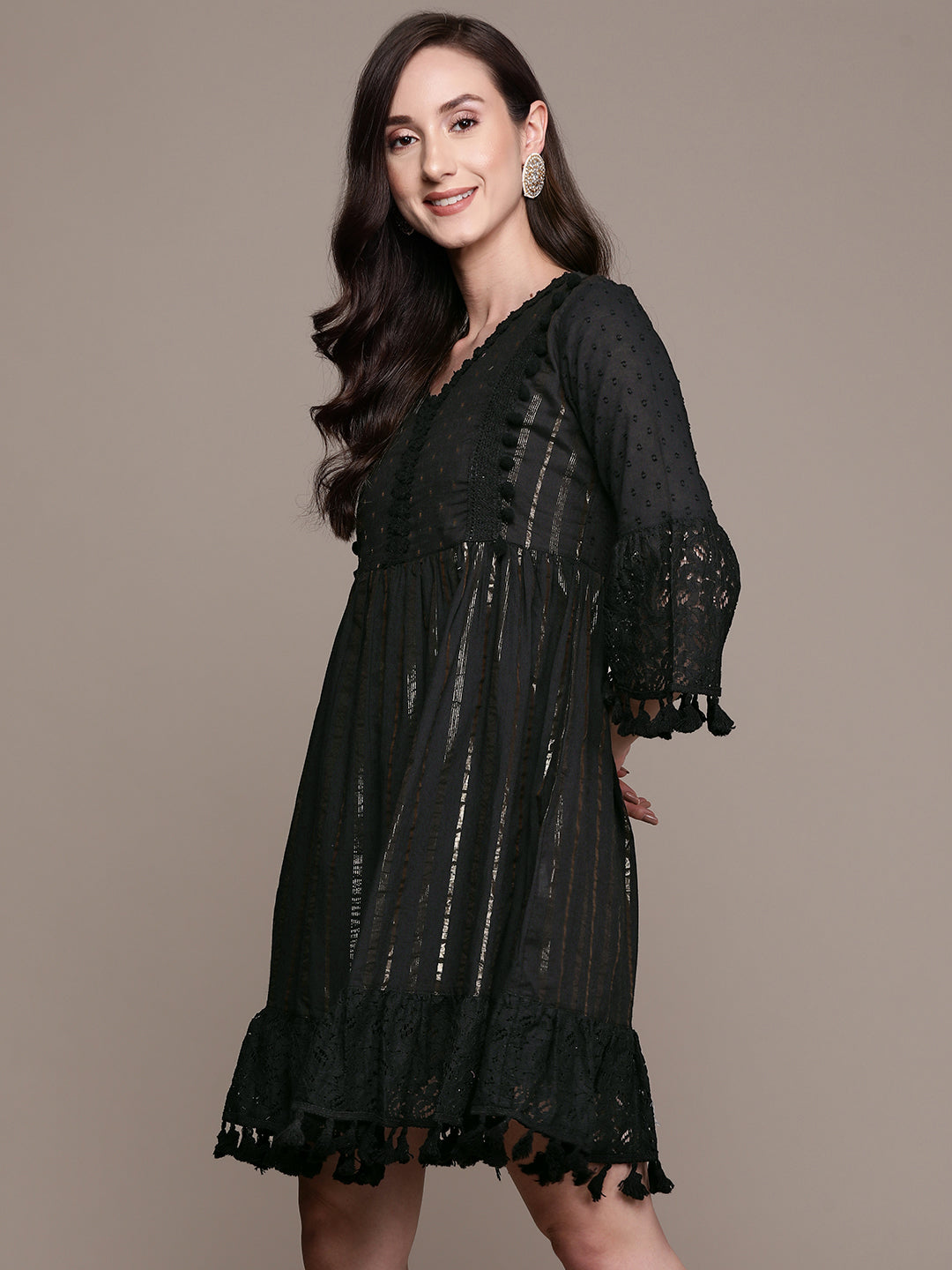 Ishin Women's Black Lurex Embellished A-Line Dress