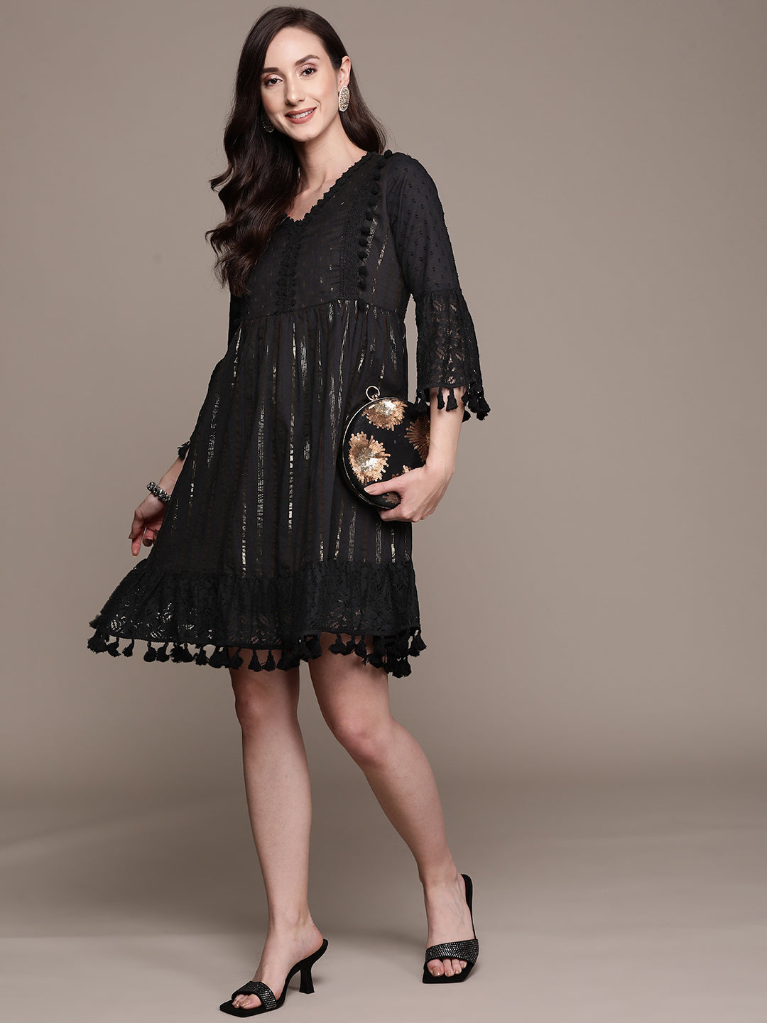 Ishin Women's Black Lurex Embellished A-Line Dress