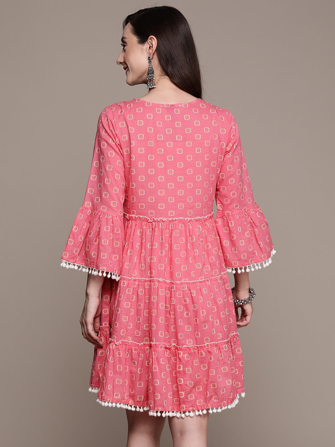 Ishin Women's Pink Embroidered A-Line Tiered Dress