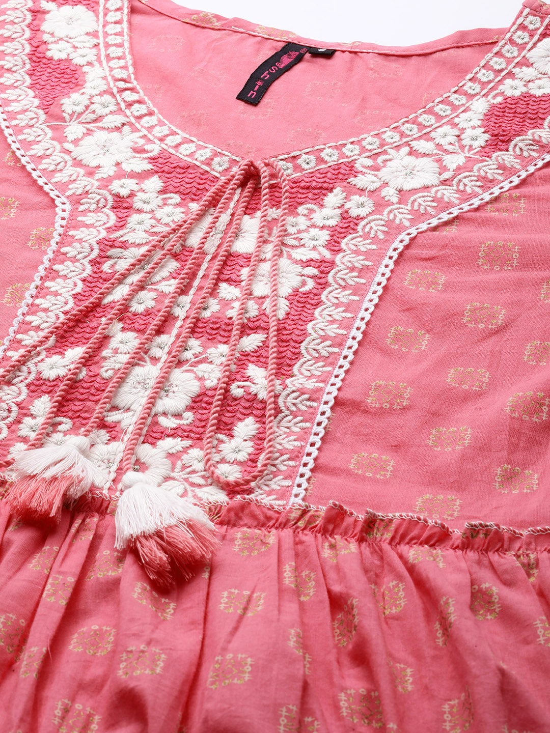 Ishin Women's Pink Embroidered A-Line Tiered Dress