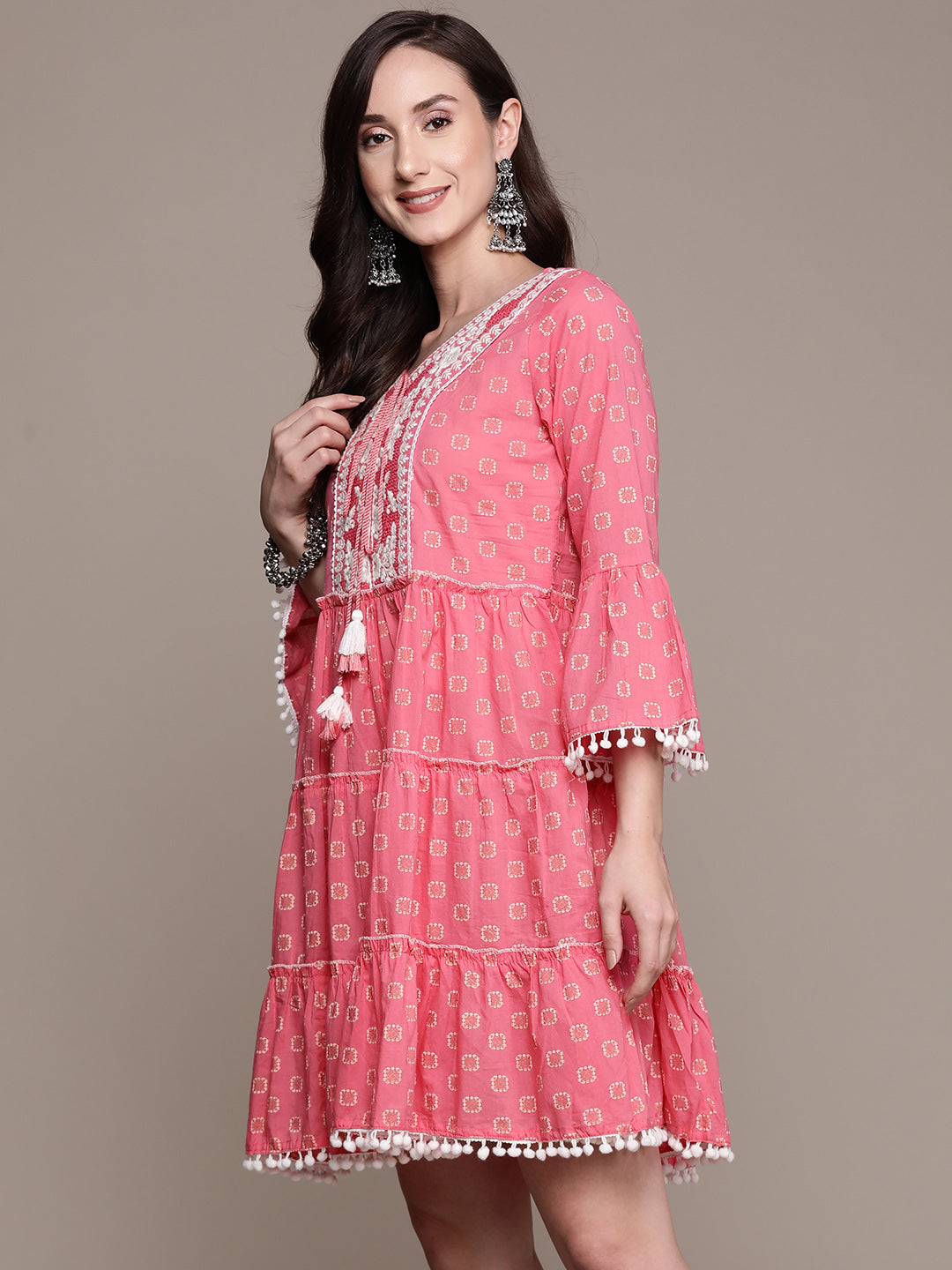 Ishin Women's Pink Embroidered A-Line Tiered Dress