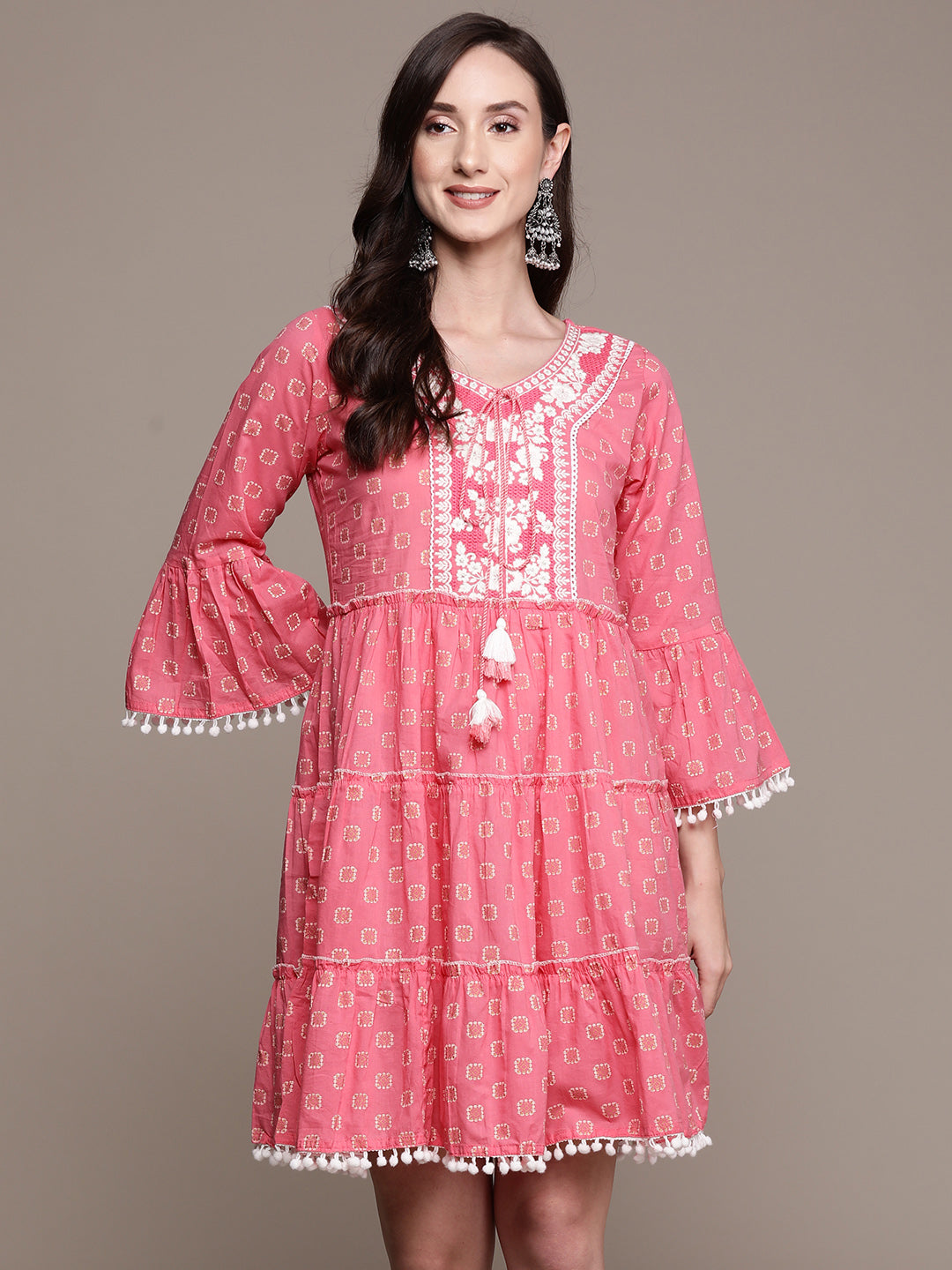 Ishin Women's Pink Embroidered A-Line Tiered Dress