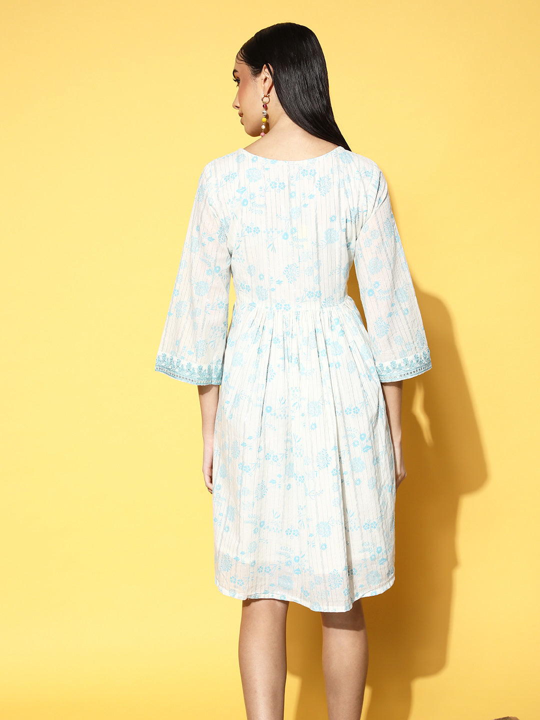 Ishin Women's White & Blue Embellished A-Line Dress