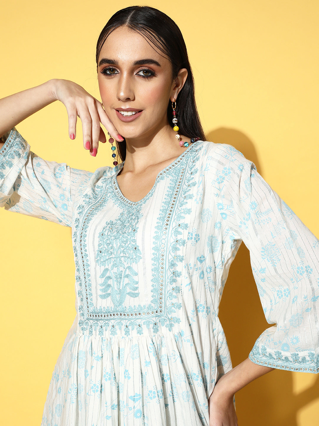 Ishin Women's White & Blue Embellished A-Line Dress