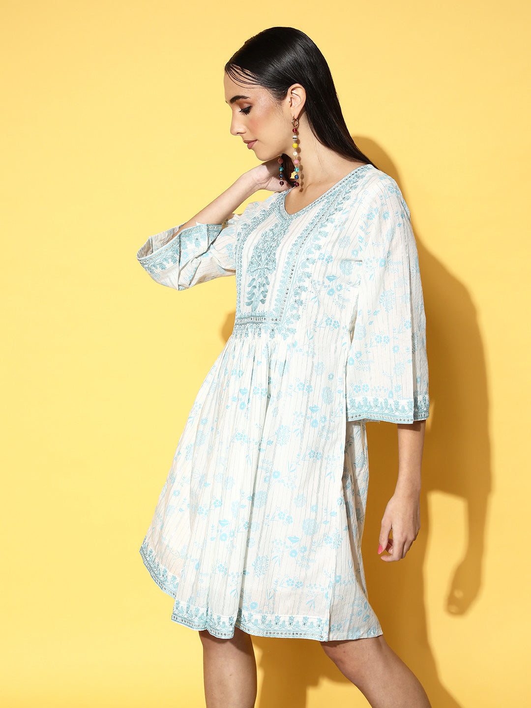 Ishin Women's White & Blue Embellished A-Line Dress