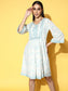 Ishin Women's White & Blue Embellished A-Line Dress