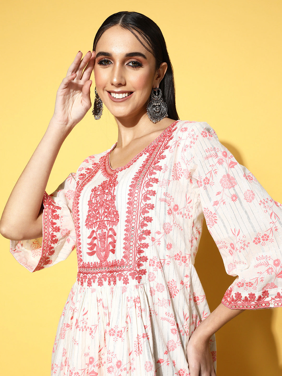 Ishin Women's White & Red Embellished A-Line Dress