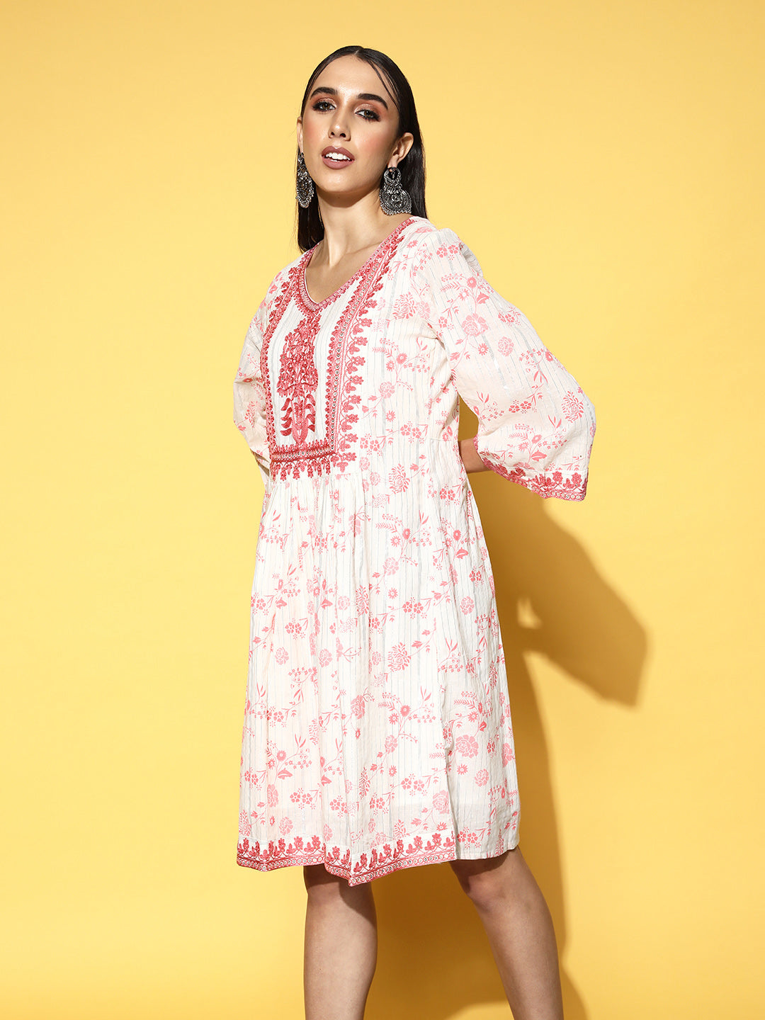 Ishin Women's White & Red Embellished A-Line Dress