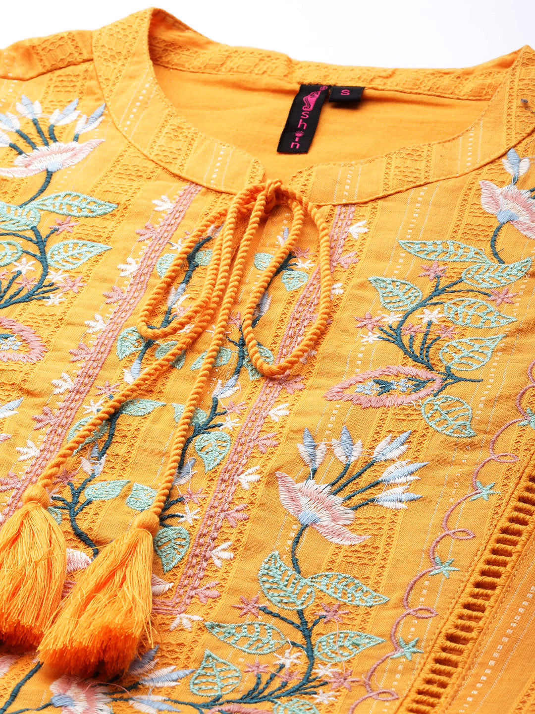 Ishin Women's Mustard Embroidered A-Line Dress