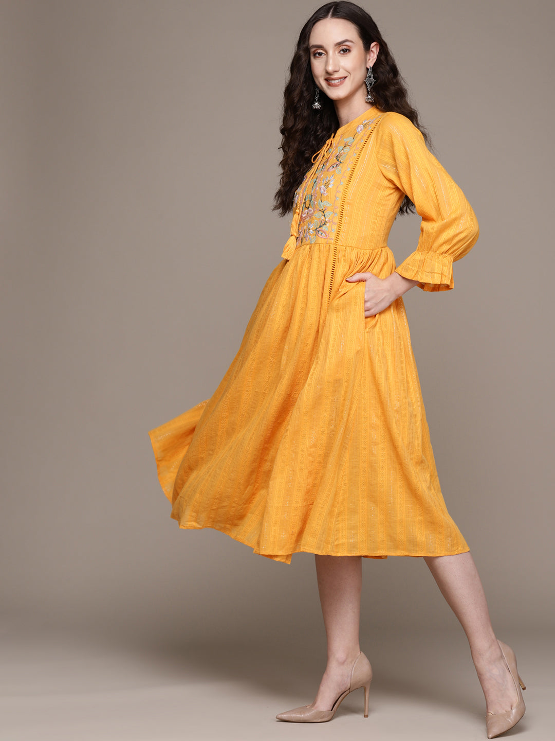 Ishin Women's Mustard Embroidered A-Line Dress