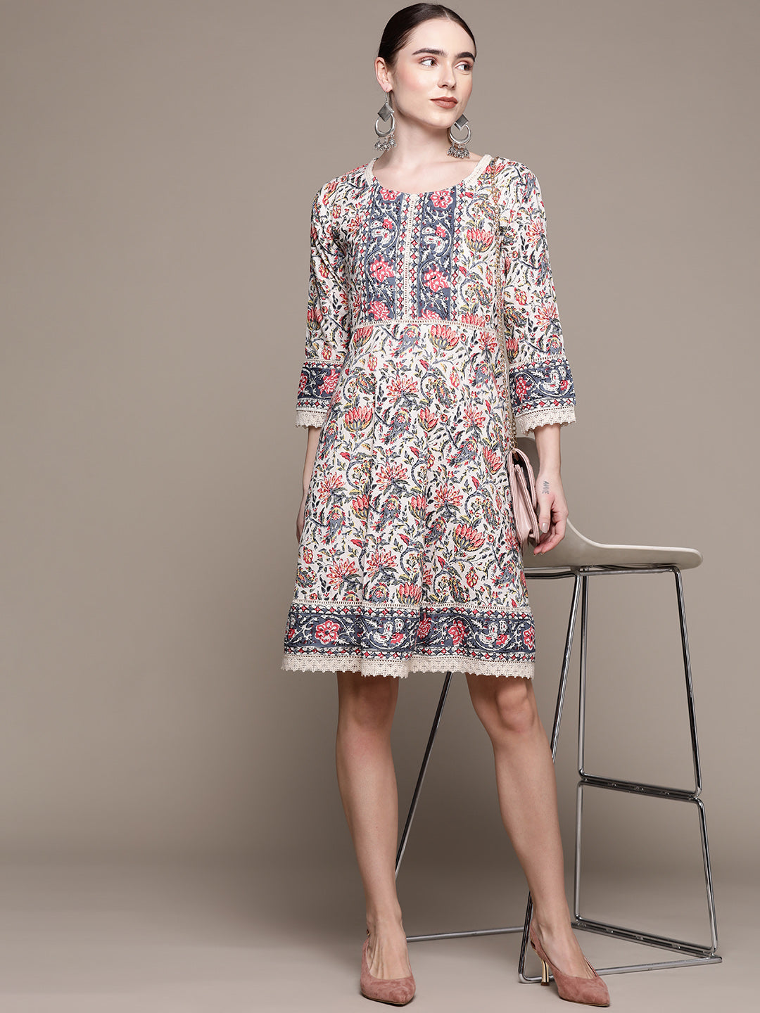 Ishin Women's Cotton Multicolor Printed A-Line Dress