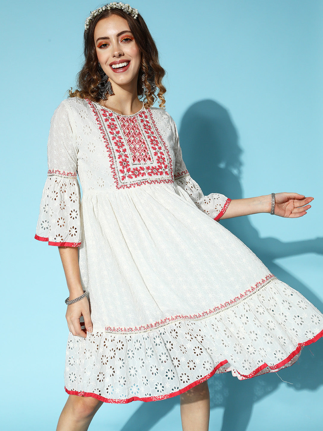 Ishin Women's Cotton White & Pink Embroidered A-Line Dress