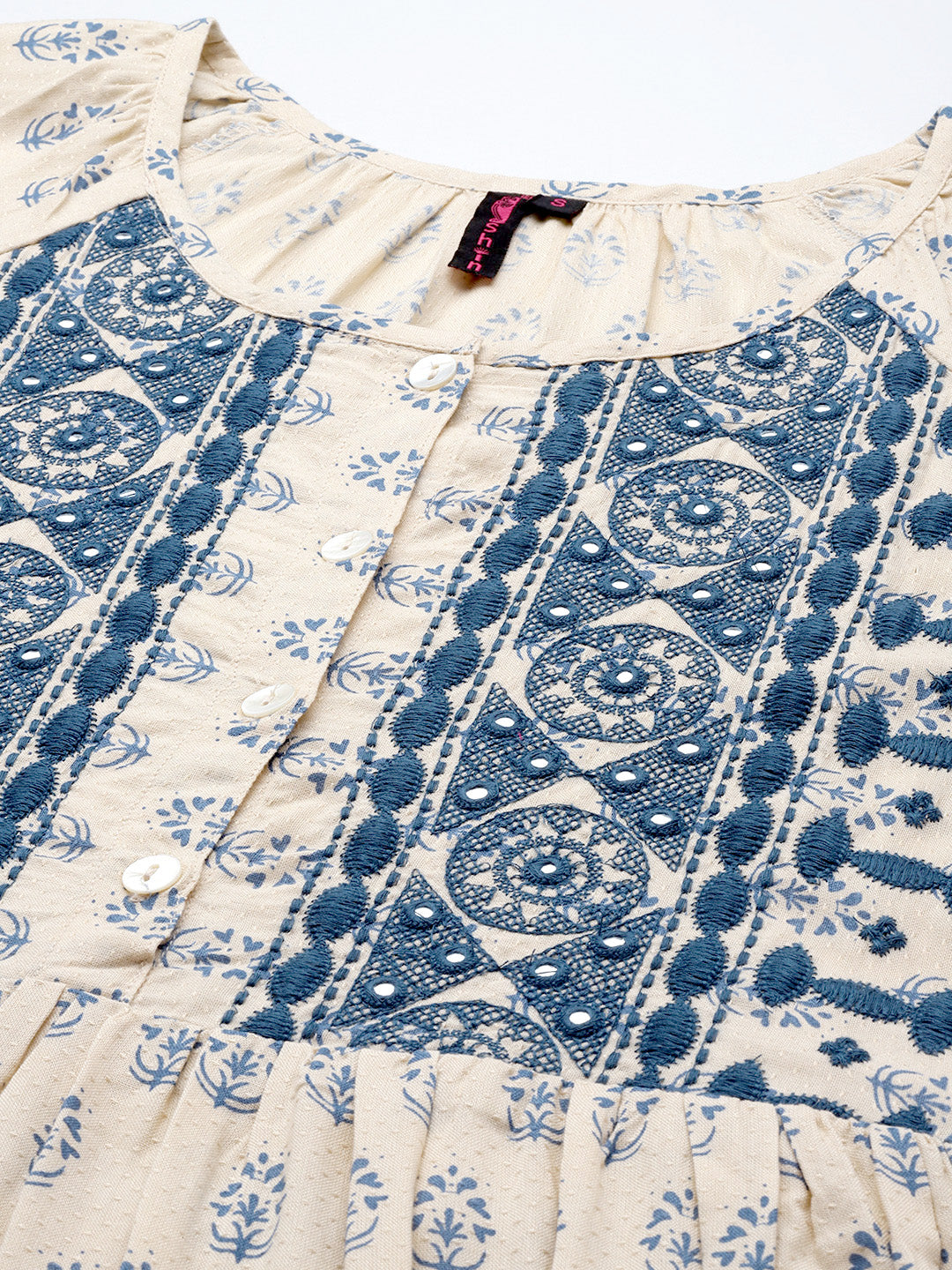 Ishin Women's Rayon Cream & Blue Embroidered A-Line Dress