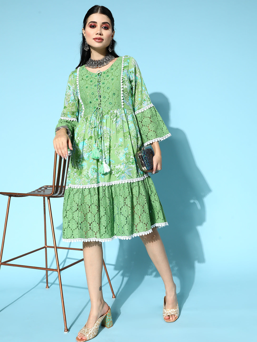 Ishin Women's Cotton Green Embroidered A-Line Dress