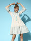 Ishin Women's Cotton Cream Schiffli Embroidered A-Line Dress