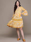 Ishin Women's Cotton Blend Yellow Embroidered A-Line Dress