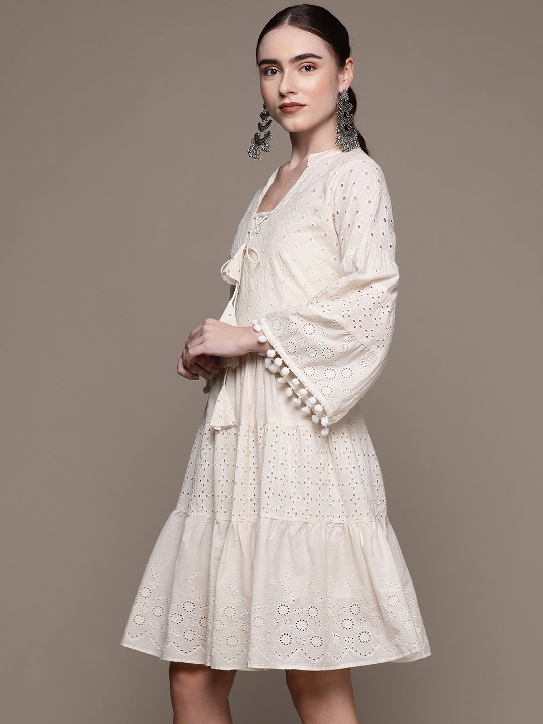 Ishin Women's Cotton Off White Schiffli Embroidered A-Line Dress