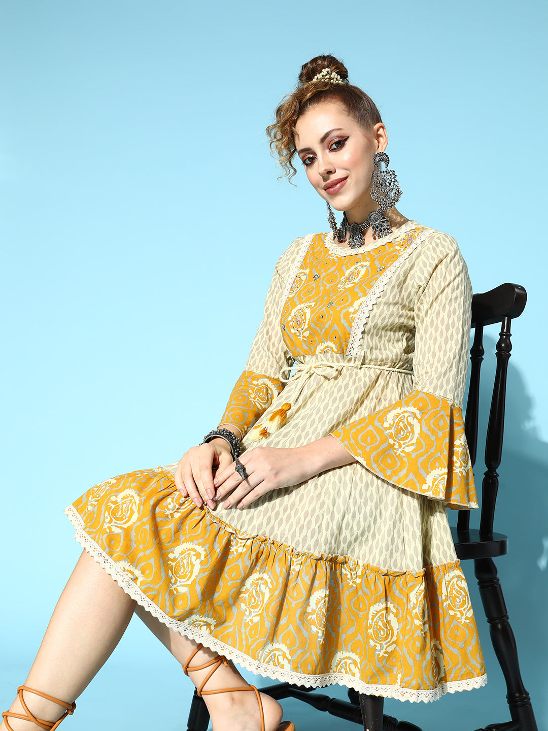 Ishin Women's Cotton Mustard & Beige Embroidered A-Line Dress