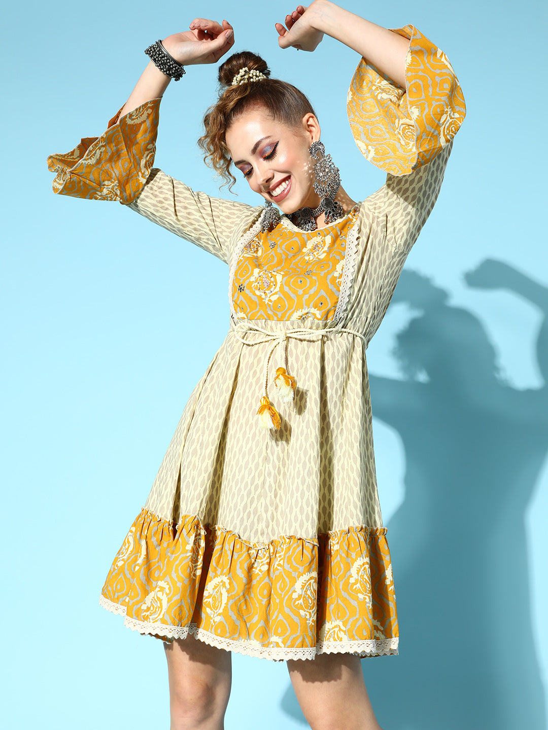 Ishin Women's Cotton Mustard & Beige Embroidered A-Line Dress