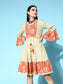 Ishin Women's Cotton Orange & Beige Embroidered A-Line Dress