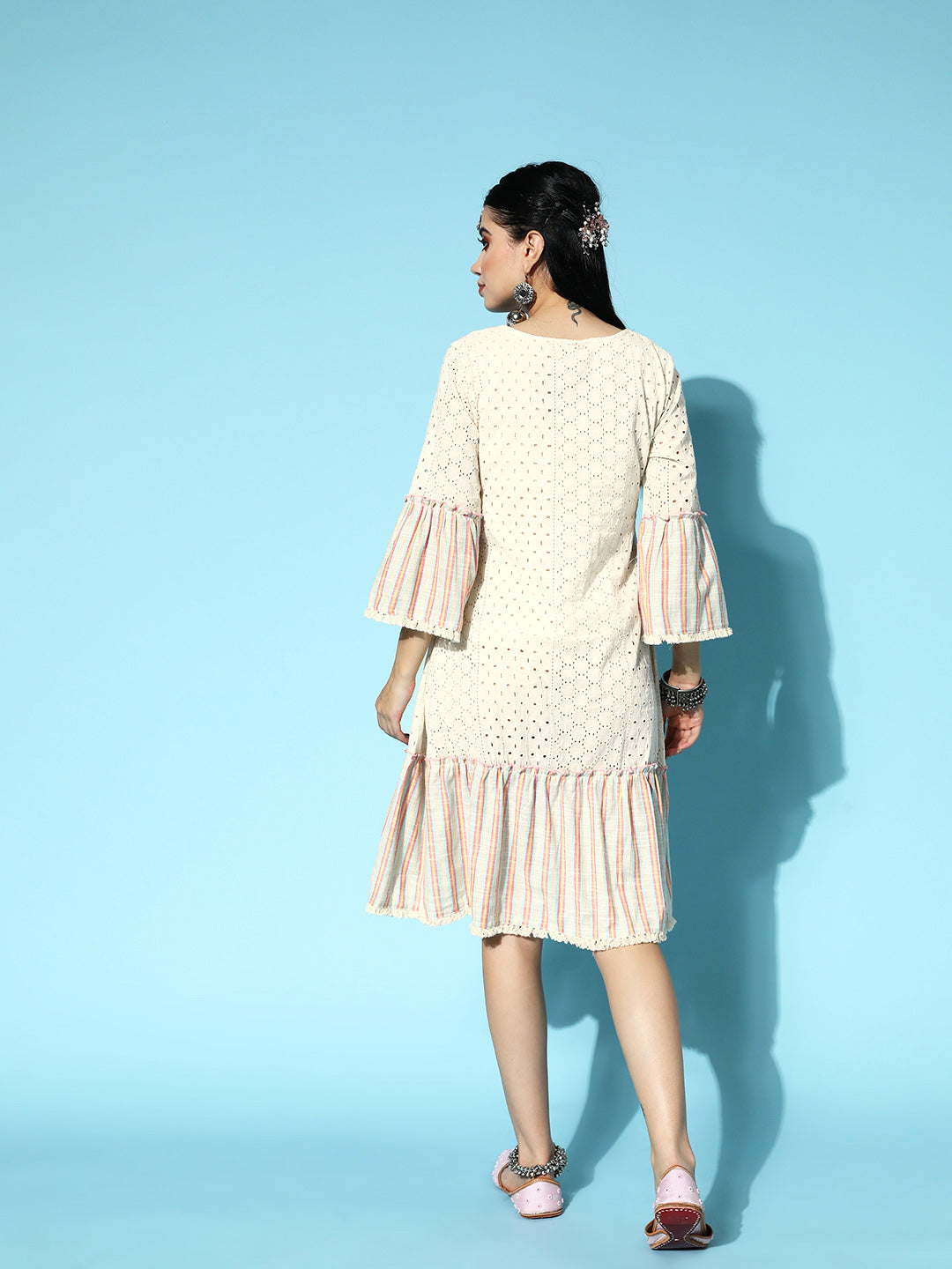 Ishin Women's Cotton Off White Schiffli Embroidered A-Line Dress