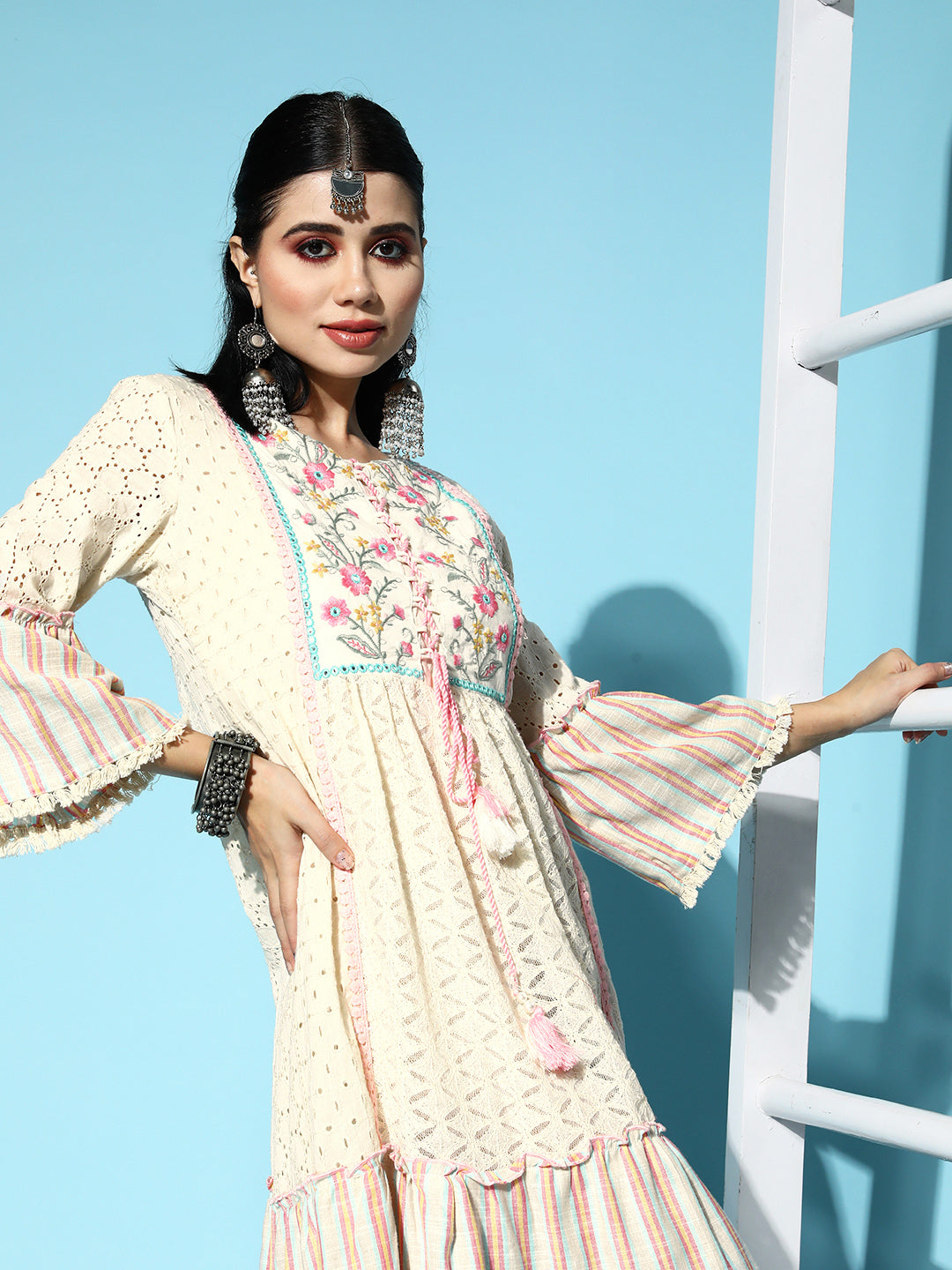 Ishin Women's Cotton Off White Schiffli Embroidered A-Line Dress