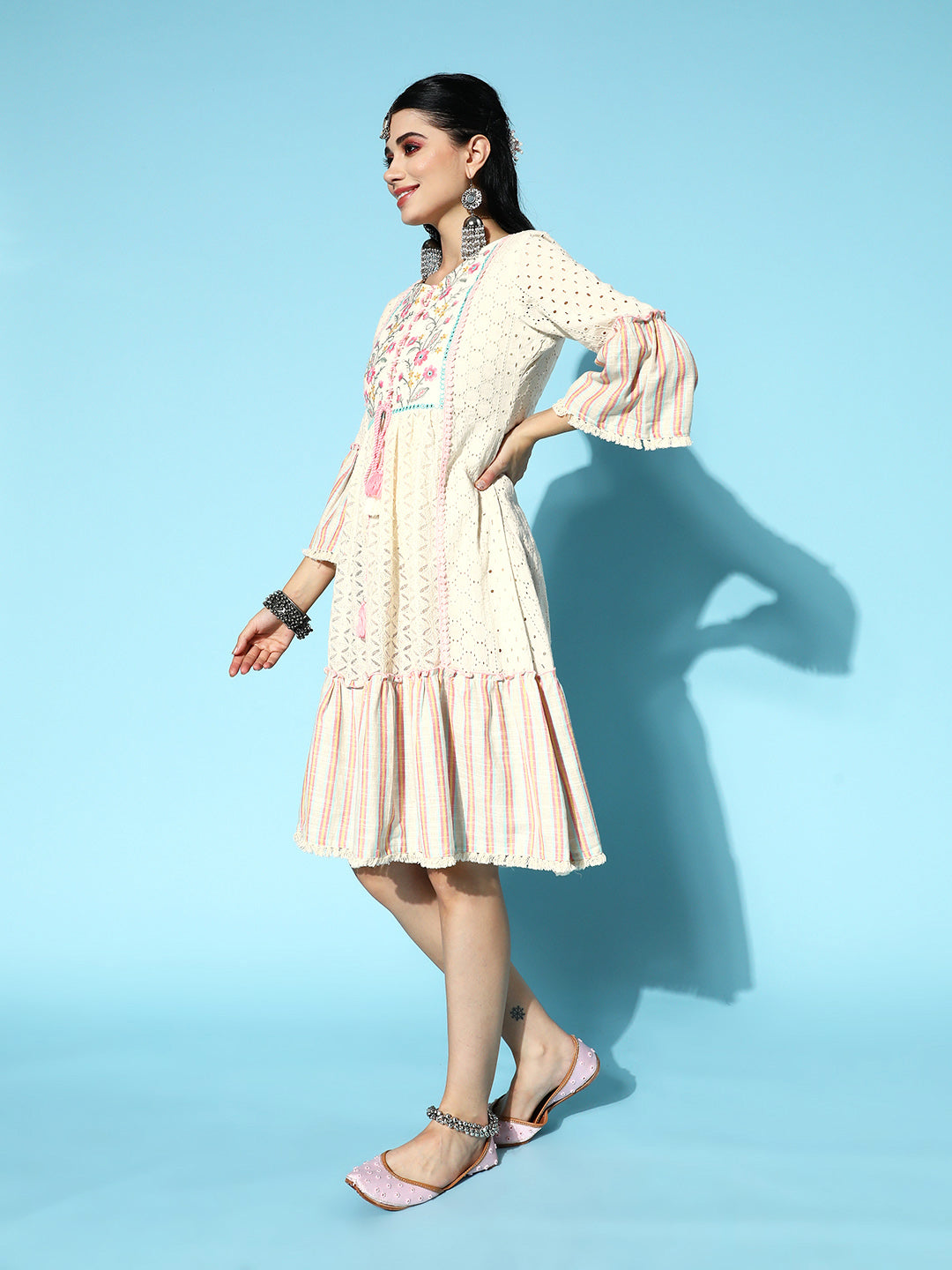 Ishin Women's Cotton Off White Schiffli Embroidered A-Line Dress
