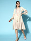 Ishin Women's Cotton Off White Schiffli Embroidered A-Line Dress
