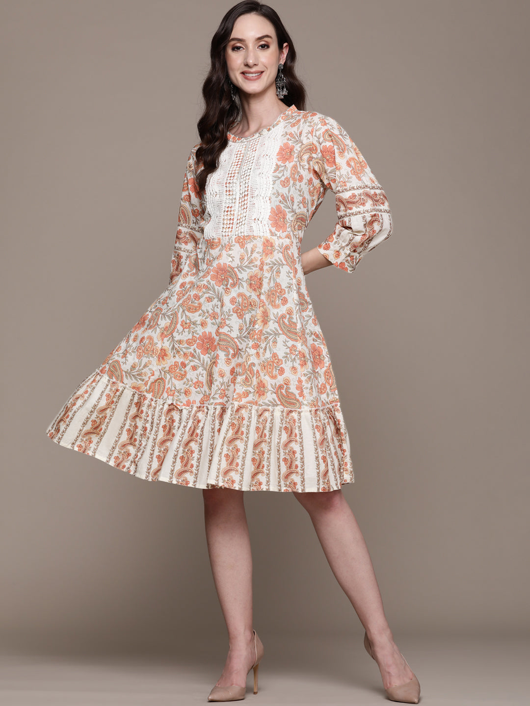 Ishin Women's Cotton Multicolor Embroidered A-Line Dress
