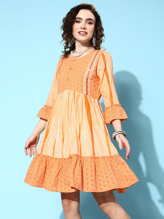 Ishin Women's Cotton Orange Lurex Embellished A-Line Dress