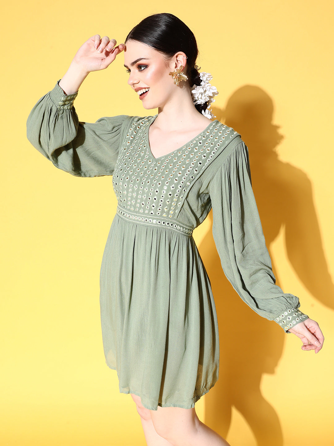 Ishin Women's Rayon Green Embellished A-Line Dress
