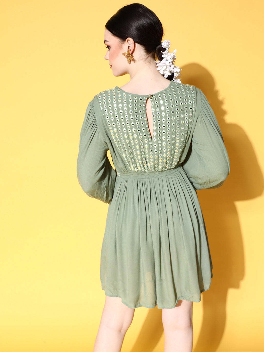 Ishin Women's Rayon Green Embellished A-Line Dress