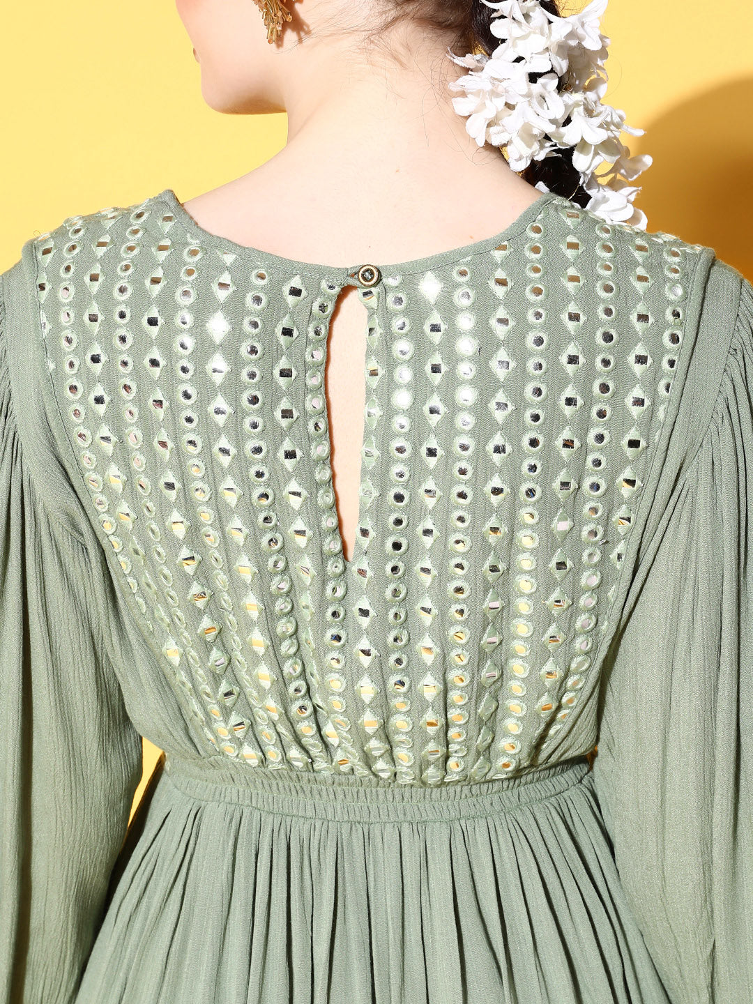 Ishin Women's Rayon Green Embellished A-Line Dress