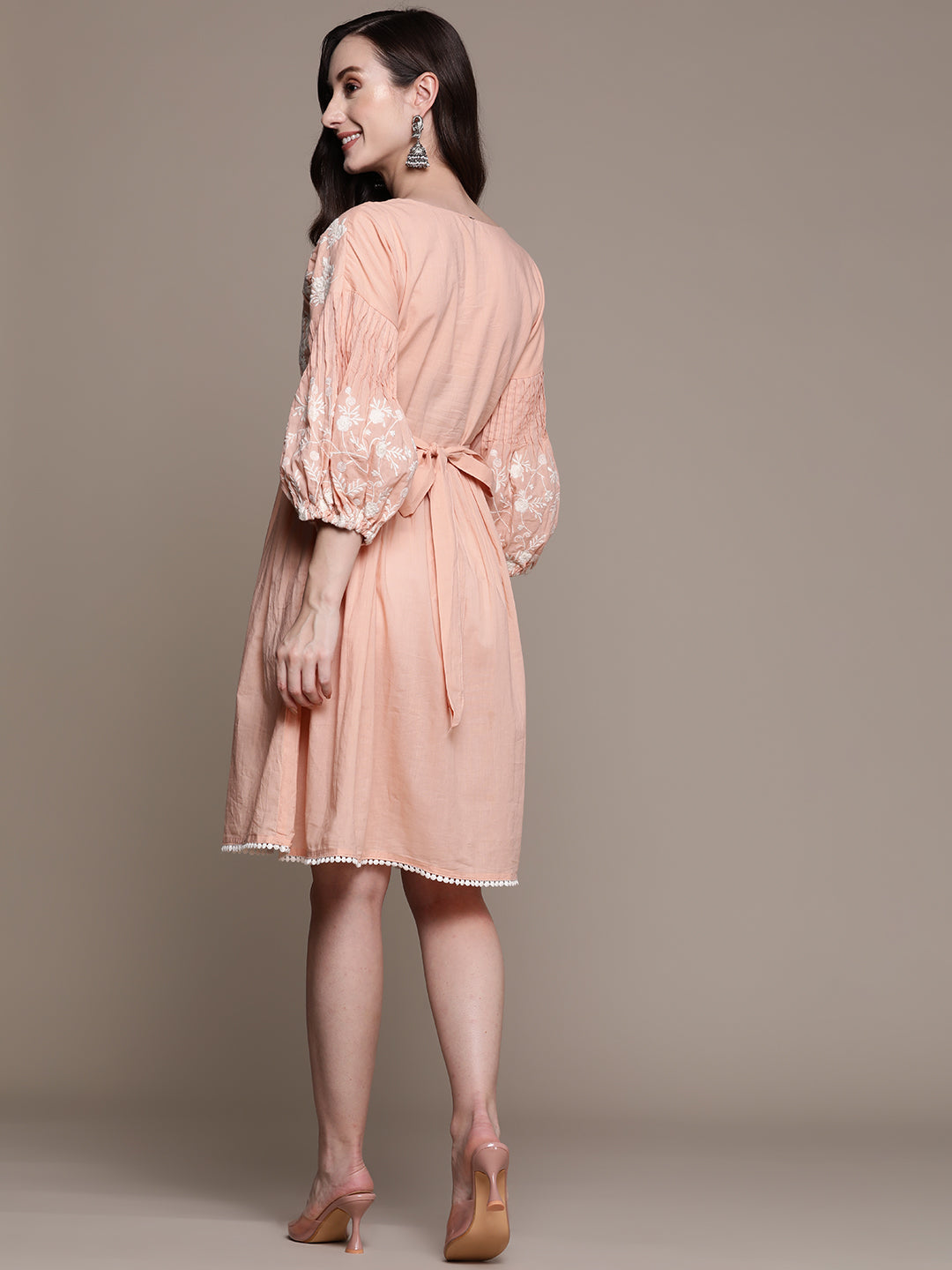 Ishin Women's Cotton Peach Embroidered A-Line Dress