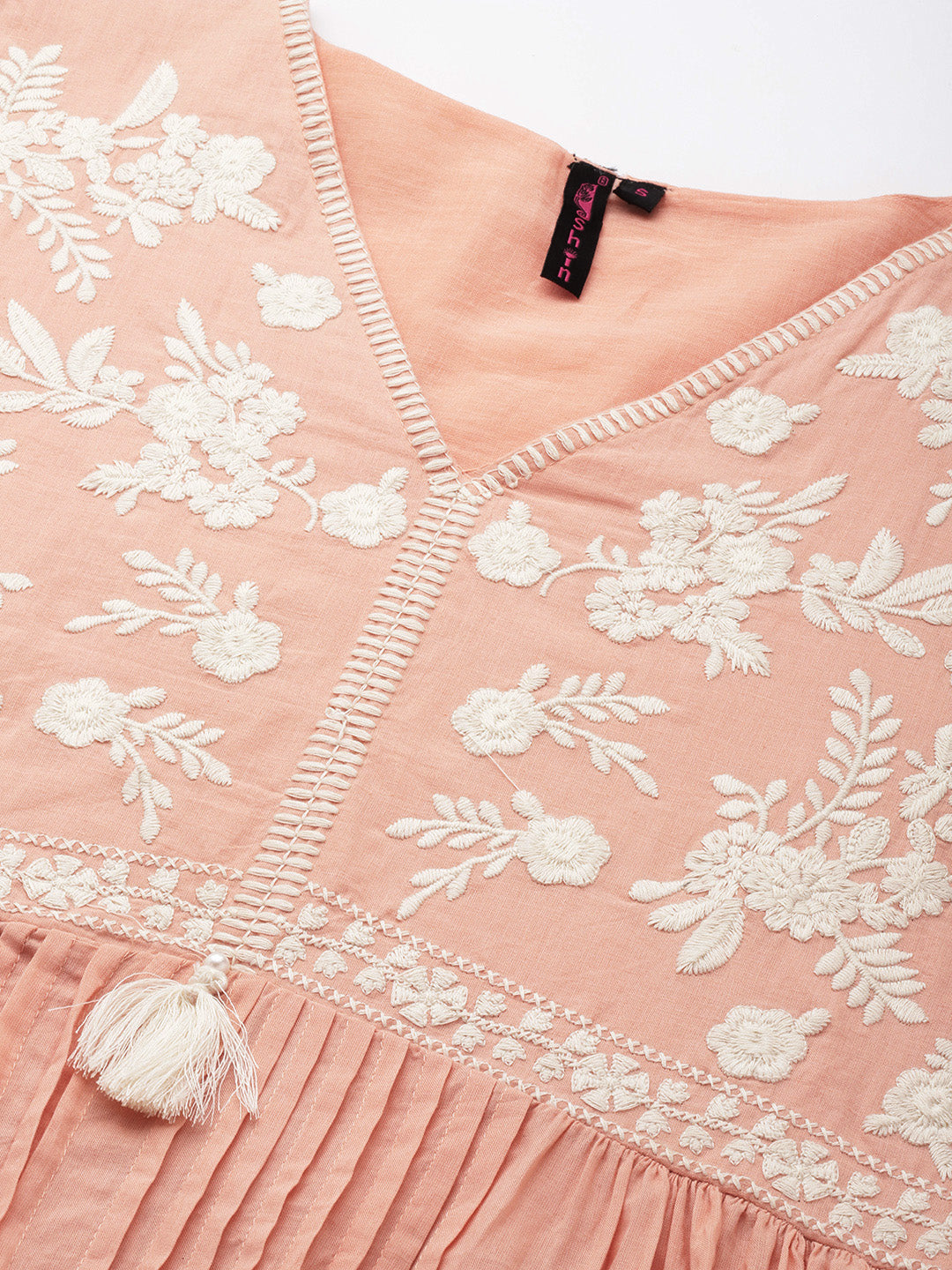 Ishin Women's Cotton Peach Embroidered A-Line Dress