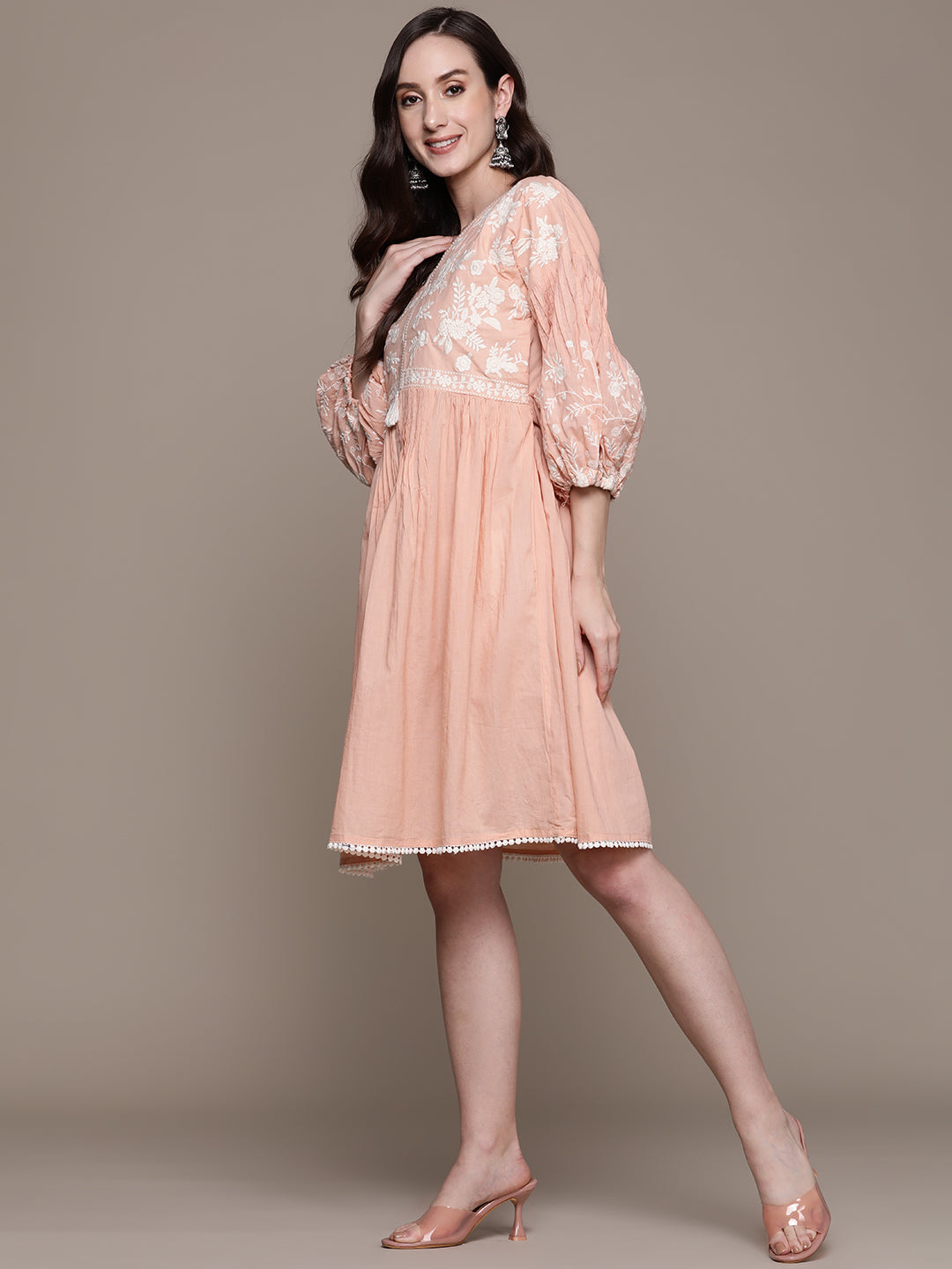 Ishin Women's Cotton Peach Embroidered A-Line Dress