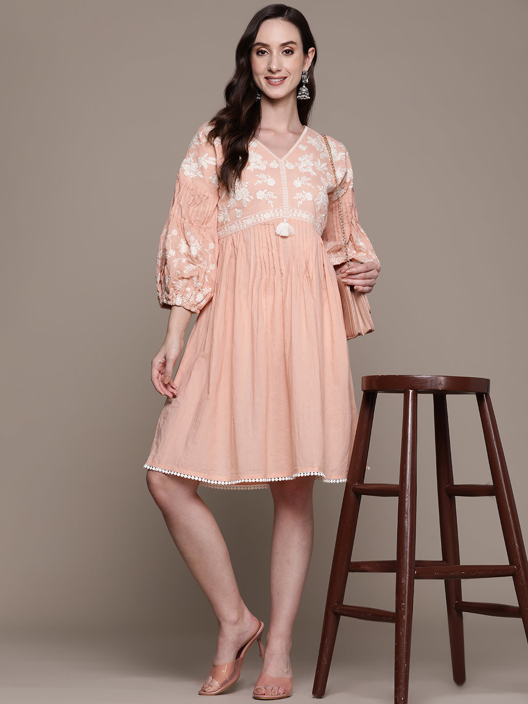 Ishin Women's Cotton Peach Embroidered A-Line Dress