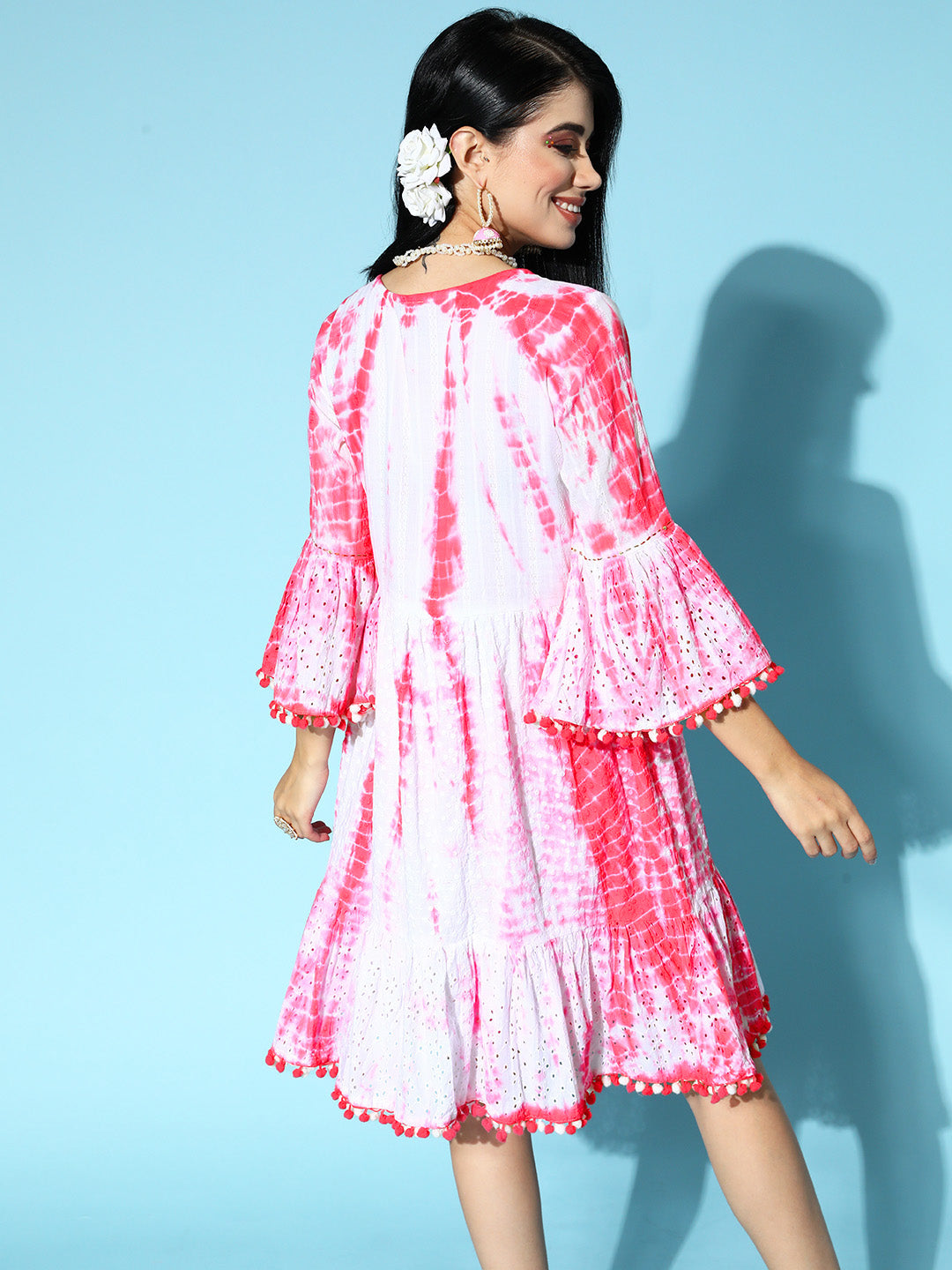 Ishin Women's Cotton White & Pink Embroidered Dyed A-Line Dress