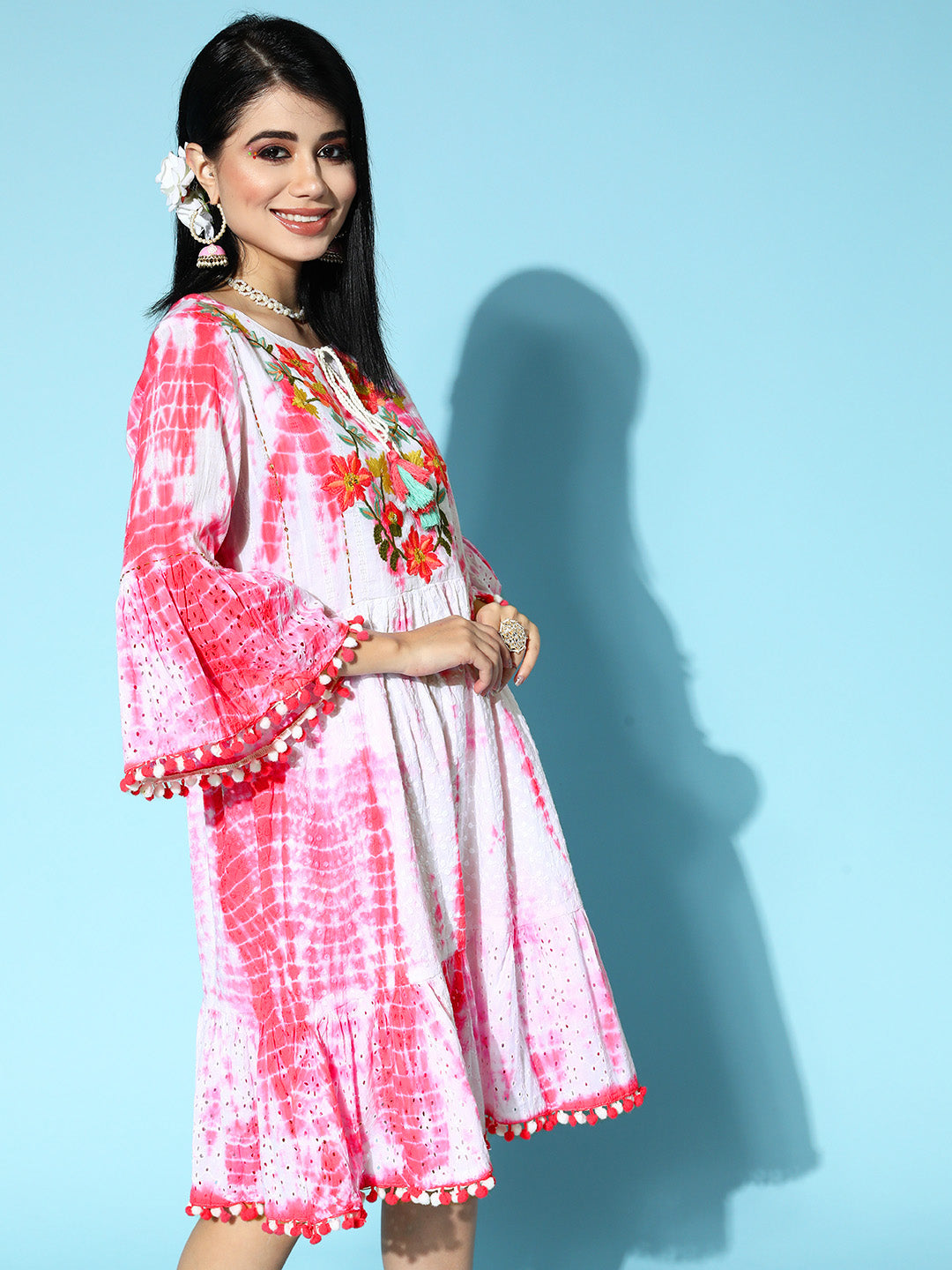 Ishin Women's Cotton White & Pink Embroidered Dyed A-Line Dress