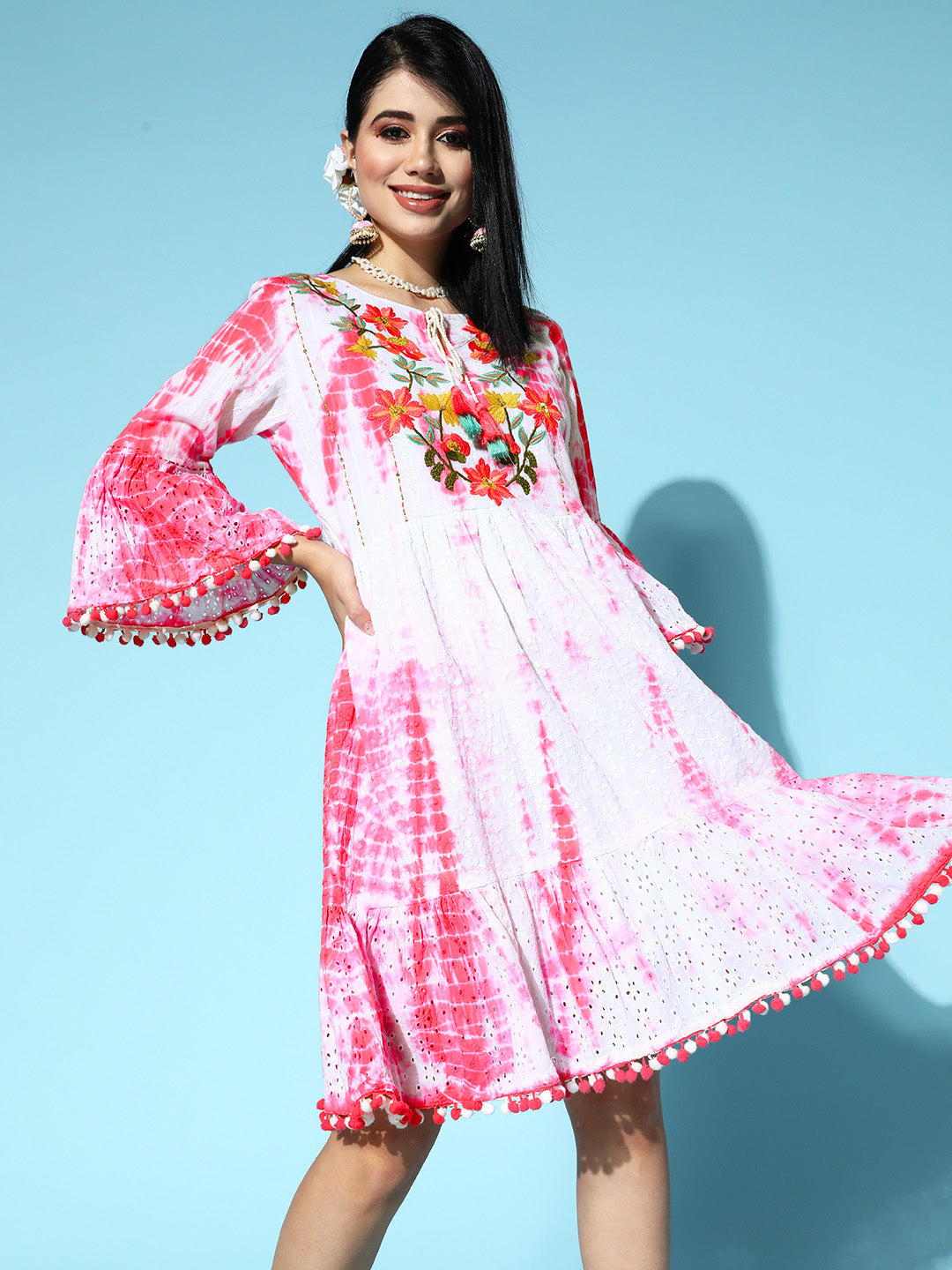 Ishin Women's Cotton White & Pink Embroidered Dyed A-Line Dress