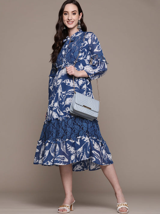 Ishin Women's Cotton Blend Blue & White Printed A-Line Dress