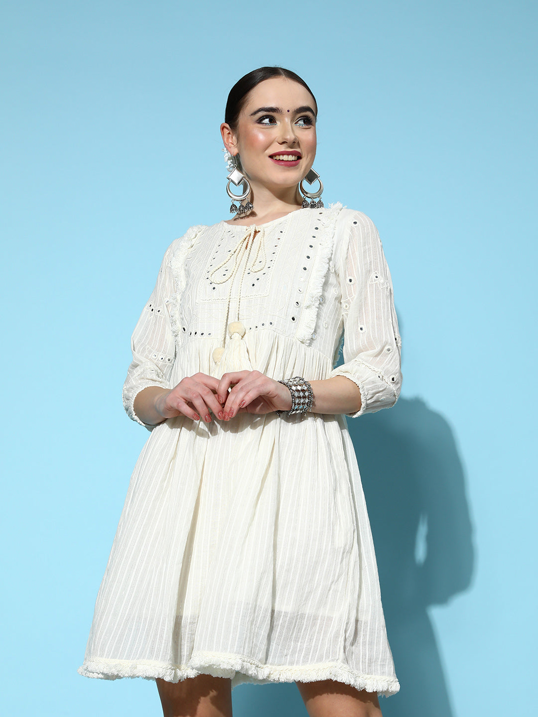 Ishin Women's Cotton Cream  Embroiderd A-Line Dress