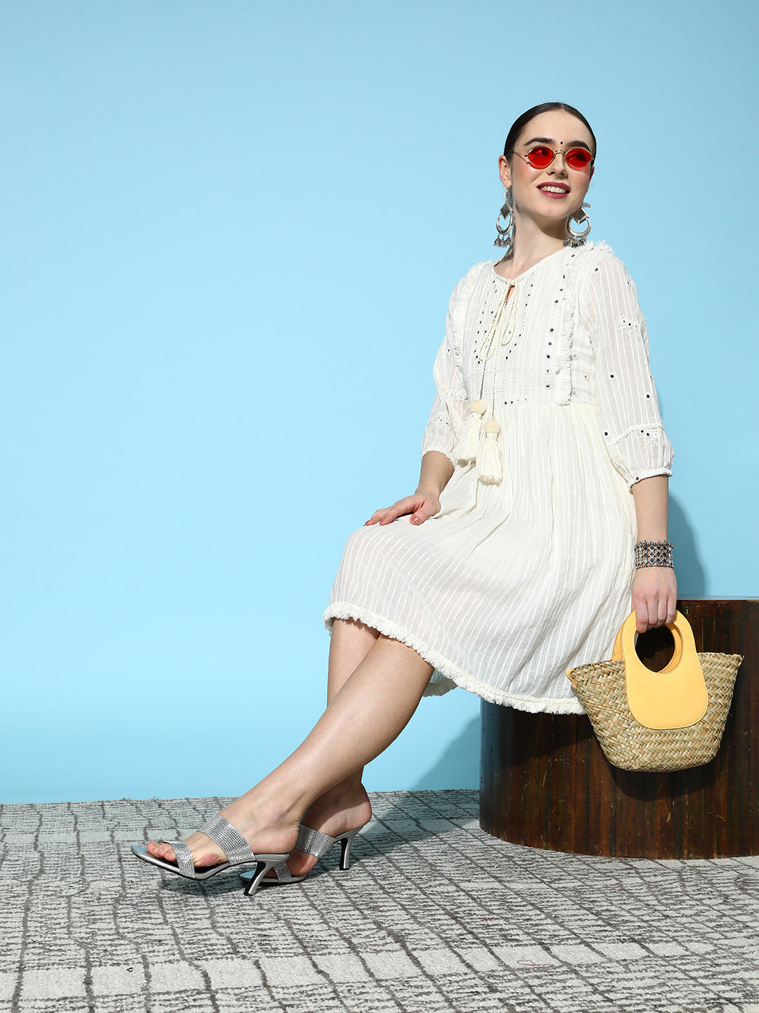 Ishin Women's Cotton Cream  Embroiderd A-Line Dress